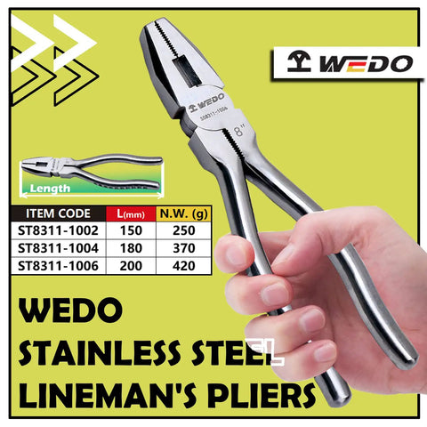 Hand holding Stainless Steel 8 Inch Lineman's Pliers With Side Cutter And Wire Stripper, Combination Pliers, Crimper