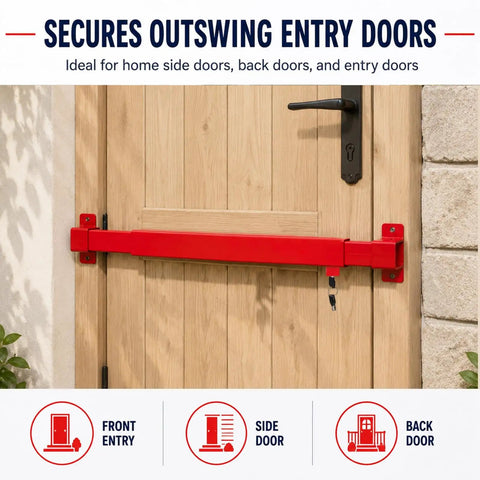 Built Tough Carbon Steel Door Security Bar, Locks Down Solid In 32 To 38 Inches, securing an outswing entry door.