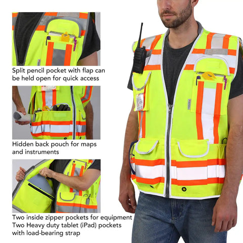 Man wearing Hi Vis Two Tone Engineer Safety Vest With 3M Scotchlite Reflective Tape Padded Collar Yellow XL close-up view
