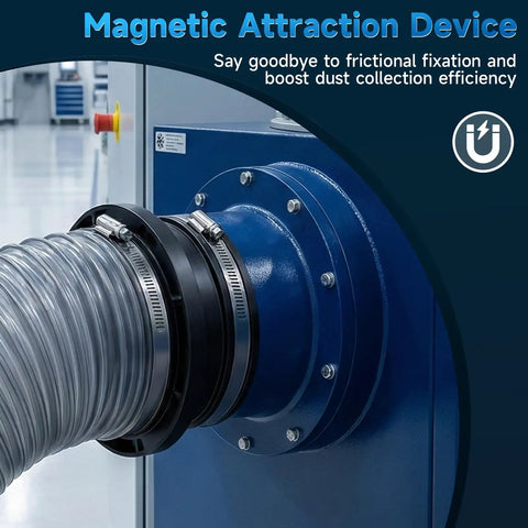 Slick Four Inch Magnetic Dust Collection Fittings Quick Swap Hose Adapter attached to dust collection system, enhancing efficiency.