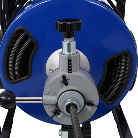Heavy Duty Commercial Drain Auger With 60 Foot Steel Cable And Four Swappable Cutting Heads Powered By A Beast Mode Electric Motor close-up of steel cable and adjustment handle.