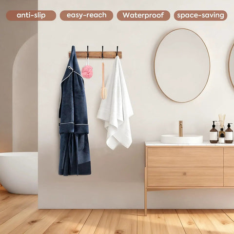 Acacia Wood Wall Coat Rack With Heavy Duty 4 Double Hooks, 15 Inch Long Hat Rack For Coats, Bags, Towels, And Leashes, installed in bathroom