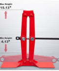 Side view of a red Heavy Duty Steel Scissor Lift Jack 1.5 Ton Car Kit, showing height range from 4-1/8 to 15-1/8 inches.