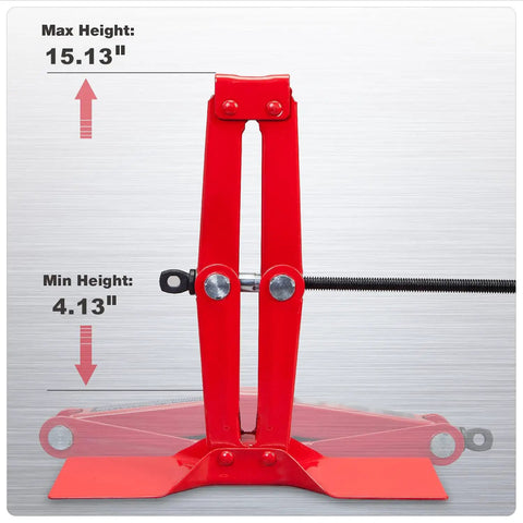 Side view of a red Heavy Duty Steel Scissor Lift Jack 1.5 Ton Car Kit, showing height range from 4-1/8 to 15-1/8 inches.