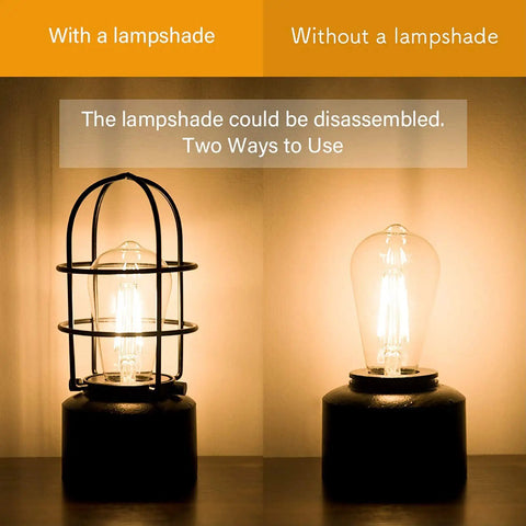 3 Way Dimmable Touch Table Lamp For Small Spaces Industrial Bedside Lamp With Steampunk Antique Vibe Nightstand Desk Lamp showing with and without lampshade options.