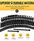 Heavy Duty Workhorse 72 Piece Quarter Inch Drive Impact Socket Set With Standard SAE And Metric Sizes 3/16 To 9/16 Inches And 4 To 15 Mm Includes Swivel Socket Extension Bar Universal Joint And Adapter Made From CrMo Steel, black phosphated