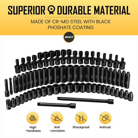 Heavy Duty Workhorse 72 Piece Quarter Inch Drive Impact Socket Set With Standard SAE And Metric Sizes 3/16 To 9/16 Inches And 4 To 15 Mm Includes Swivel Socket Extension Bar Universal Joint And Adapter Made From CrMo Steel, black phosphated