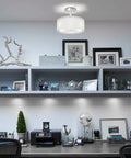 Three Light Modern Semi Flush Mount Ceiling Light with Double Fabric Drum Shade in a home office setting