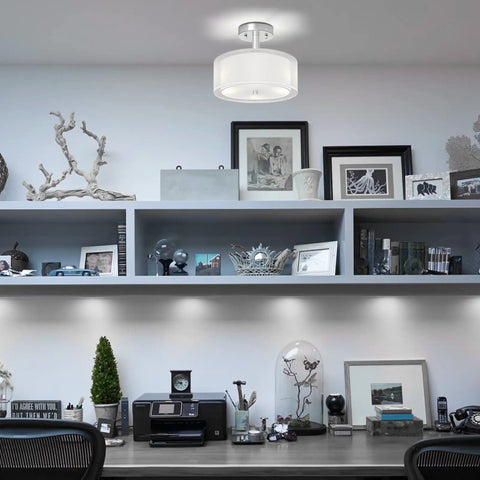 Three Light Modern Semi Flush Mount Ceiling Light with Double Fabric Drum Shade in a home office setting