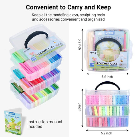 Polymer Clay Kit With 116 Colors For Oven Bake Modeling, storage box with layers showing colorful clays and manual included