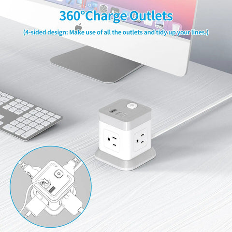 Compact 2 Prong Power Strip With USB Ports And Flat Plug Four Outlets And Three USB Ports Five Foot Power Cord Desktop Charging Station