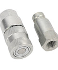 Grab This Beefy Pair Of 1/4 Inch NPT Flat Face Hydraulic Quick Couplers Made Tough Carbon Steel For High Pressure Worksite Rigging Rated 5076 PSI Boss Mode With Dust Caps To Lock And Seal Like A Pro On Any Job Site Grind. Pair of 1/4 NPT flat-face hydraulic quick couplers, carbon steel, with threaded and socket ends