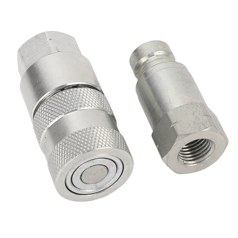 Grab This Beefy Pair Of 1/4 Inch NPT Flat Face Hydraulic Quick Couplers Made Tough Carbon Steel For High Pressure Worksite Rigging Rated 5076 PSI Boss Mode With Dust Caps To Lock And Seal Like A Pro On Any Job Site Grind. Pair of 1/4 NPT flat-face hydraulic quick couplers, carbon steel, with threaded and socket ends