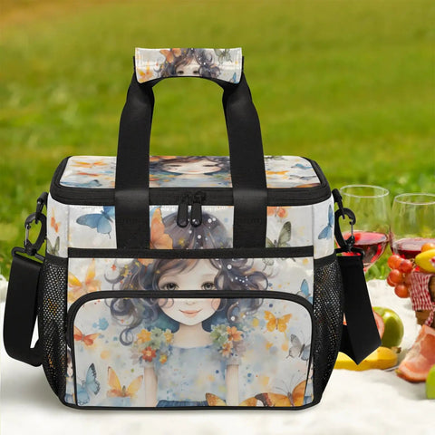 Insulated Picnic Backpack For Women And Men Large 12x8.7x10in with illustrated design, picnic setup with fruits and wine