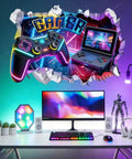 Large 3D Gamer Wall Decal Set With Controller Design Peel And Stick For Boys Room Teen Bedroom Playroom Wall Decor That Delivers Dope Gaming Vibe And Easy Room Makeover above a gaming desk with neon lights and gaming accessories.