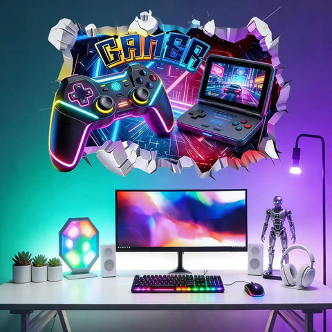 Large 3D Gamer Wall Decal Set With Controller Design Peel And Stick For Boys Room Teen Bedroom Playroom Wall Decor That Delivers Dope Gaming Vibe And Easy Room Makeover above a gaming desk with neon lights and gaming accessories.