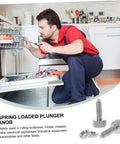 Man repairing a dishwasher using Built Like A Tank Locking Spring Plunger Pins For Rolling Toolboxes Stainless Steel.