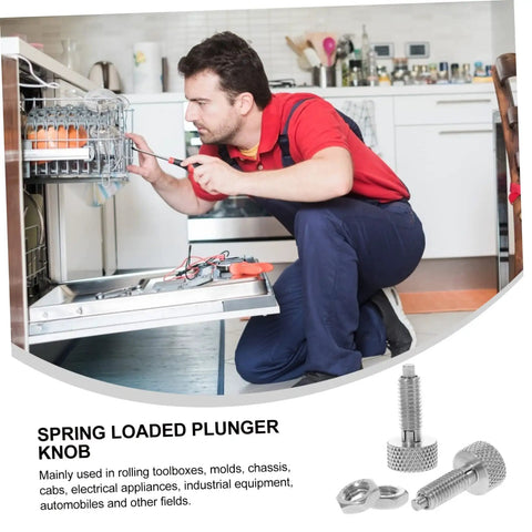 Man repairing a dishwasher using Built Like A Tank Locking Spring Plunger Pins For Rolling Toolboxes Stainless Steel.