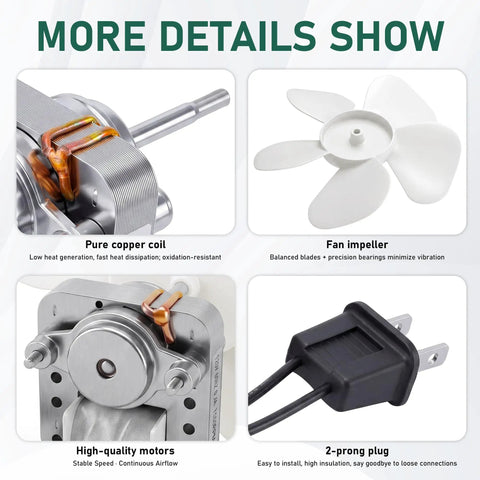 Direct Replacement Bathroom Exhaust Fan Motor For 686 687 8870 M686 S1200A000 YJF6158 120V details: coil, impeller, motor, plug