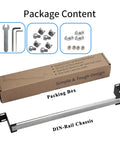 All In One 19 Inch DIN Rail Chassis Bracket Kit For 35mm DIN Mounted Gear, shows packing box and metal chassis with screws.