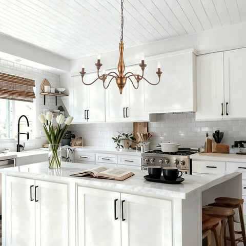 Six Light Distressed White French Country Candle Chandelier With Cozy Vintage Vibe For Living Room Dining Room Bedroom 24 Inch Wide Rustic Ceiling Fixture in kitchen setting