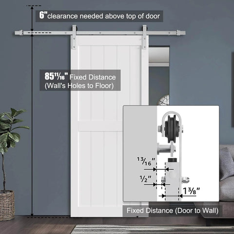 40 x 84 Inch Solid Wood Paneled Sliding Barn Door With Brushed Nickel Hardware Kit, White Finish, installed on wall