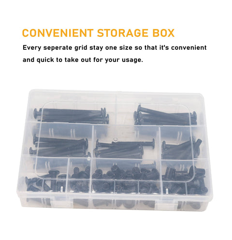 Universal Bed And Furniture Hardware Replacement Kit With Black M6 Hex Socket Cap Screws And Barrel Nuts in storage box
