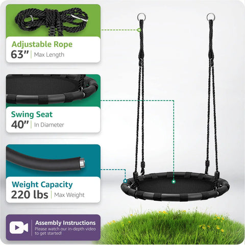 40 Inch Flying Saucer Tree Swing For Kids Heavy Duty Outdoor Disc Round Swing Supports Up To 220 Lbs Easy Install Crazy Fun Gift. Image shows black swing with adjustable rope, 40-inch seat, detailed dimensions, and weight info on grassy field background.