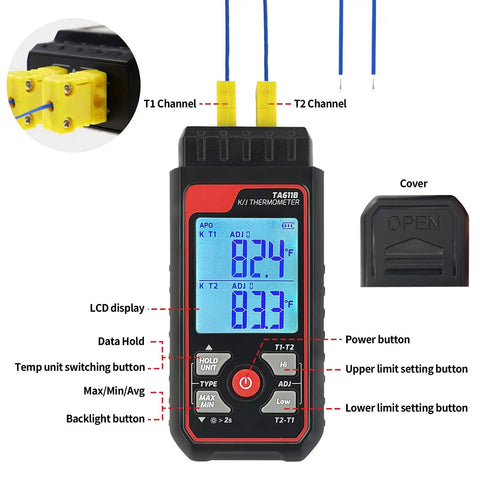 Go-To Dual Channel Digital K Type Thermocouple Thermometer With 2 HVAC Clamps And 2 Probes, Wide -328 To 2500 F Range, LED Backlight, Adjustable Compensation, Handy HVAC Lab Tool For Quick Readouts. dual-channel thermometer with LCD display and probe cover