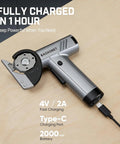 Cordless cutting tool with silver metal body, angled side view; front rotary blade guard and USB-C charging port