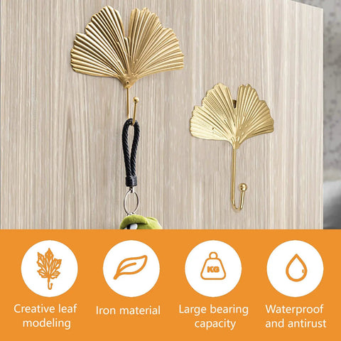 Ginkgo Leaf Wall Hooks Four Piece Iron Gold Key Holder And Hat Hanger on wooden surface showing leaf design and features