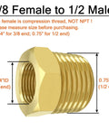 Brass NPT to compression reducer adapter for faucets, 3/8" female to 1/2" male, heat resistant and anti-corrosion, for plumbing use.