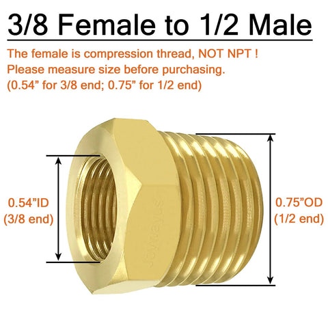 Brass NPT to compression reducer adapter for faucets, 3/8" female to 1/2" male, heat resistant and anti-corrosion, for plumbing use.