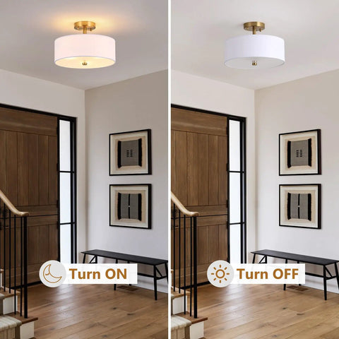 Industrial Dope Three-Light Semi Flush Mount Ceiling Light With 14.2 Inch Metal Mesh Cage Shade in hallway switched on and off.