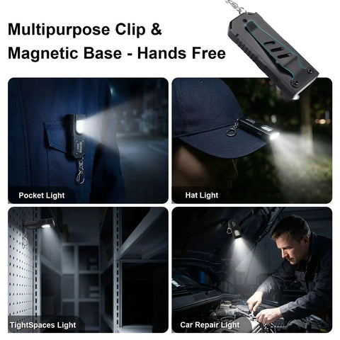 Four images showing Three Pack Bright Rechargeable Keychain Flashlights With Clip And Magnetic Base in different uses, including pocket and hat light.