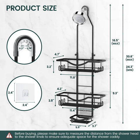 Must Have Overhead Shower Organizer With Adjustable Height Rustproof Caddy With Hooks And Soap Holder Extended Length