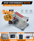 Front view of a small silver belt sander with orange motor housing, metal base, and adjustable speed switch.