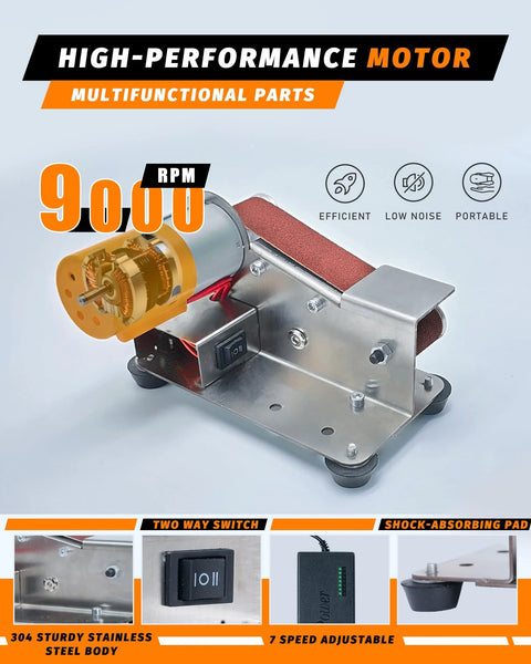 Front view of a small silver belt sander with orange motor housing, metal base, and adjustable speed switch.
