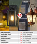 Comparison of weatherproof outdoor wall light fixtures 2 pack modern matte black sconces with glass shades E26 sockets.