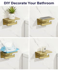 Two In One Stainless Steel Toilet Paper Holder With Shelf And Storage Dispenser SUS304 Rustproof Bathroom Organizer Stick On Or No Drill Wall Mount Gold Finish displayed in four settings