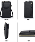 Small Crossbody Bag For Women With RFID Blocking Wallet And Card Slots, Phone Pouch, Soft Black PU Leather, Front and Side Views
