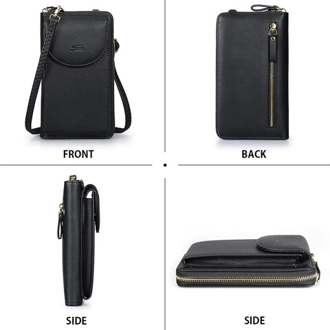 Small Crossbody Bag For Women With RFID Blocking Wallet And Card Slots, Phone Pouch, Soft Black PU Leather, Front and Side Views