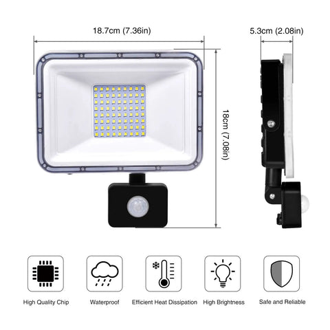 Top Shelf 50W Led Security Floodlight With Smart Motion Sensor And Pir Activation IP67 Waterproof sleek aluminum design, size 18.7cm x 18cm.