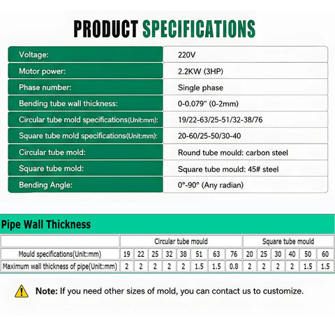 Product specifications for Upgrade Your Build With This Jaryannix 220V Electric Pipe Tube Bender detailing voltage, motor power, and mold sizes.