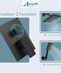 Matte Black 8 Inch Rainfall Shower System With Three Function Shower Head And ABS Handheld Spray Luxury Rough In Valve And Trim Included Wall Mount Shower Mixer Faucet For Modern Bathroom Renovation, showing valve and two shower heads.