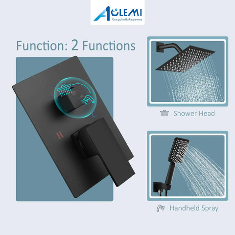 Matte Black 8 Inch Rainfall Shower System With Three Function Shower Head And ABS Handheld Spray Luxury Rough In Valve And Trim Included Wall Mount Shower Mixer Faucet For Modern Bathroom Renovation, showing valve and two shower heads.