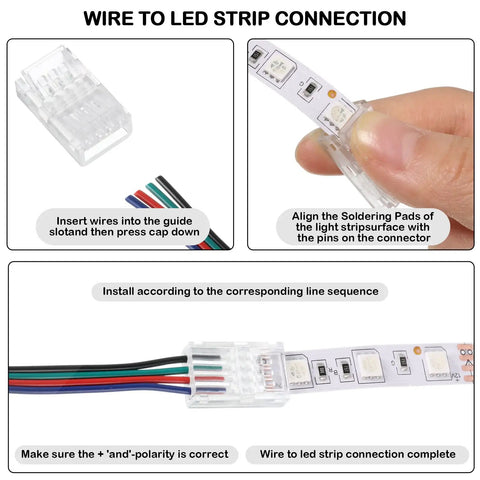10 Pack Solderless LED Strip Connectors With 16.4 Ft Extension Cable installation steps and connector close-up