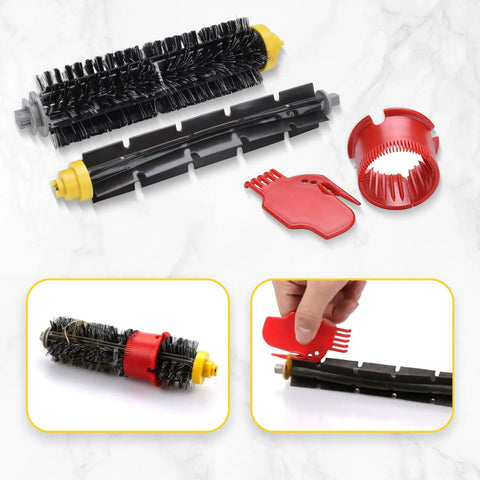 Alt Tag: 10 Pack Roomba 600 Series Replacement Parts Kit with bristle and beater brushes showcased with cleaning tool