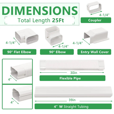 Components of Decorative Line Set Cover Kit For Ductless Mini Split And Central AC Systems 4 Inch By 25 Feet PVC Tubing