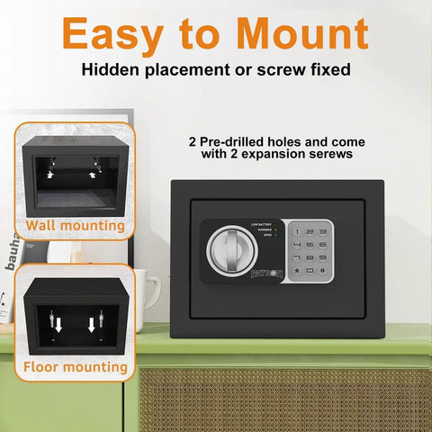 Compact Home Fireproof Safe Box With Digital Lock Mini Money Safe And Coin Safe With Code Wall Or Cabinet Safe For Personal Items shown mounted on cabinet